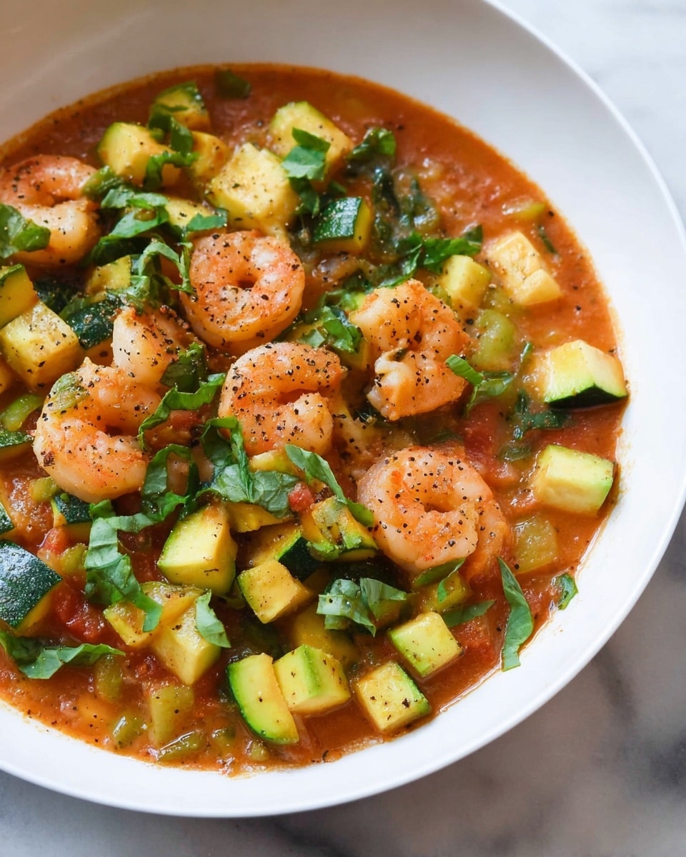 A close-up view of a white bowl filled with a shrimp and vegetable stew. The dish contains multiple layers, starting with a rich orange-red tomato-based sauce at the bottom. On top of the sauce are plump, orange shrimp, spread evenly across the bowl. Diced zucchini pieces in light green and white colors are scattered throughout, mixed with chopped green leafy herbs for a fresh touch. The textures appear soft and slightly chunky from the cooked vegetables and herbs. Small black pepper specks are sprinkled on the dish, adding detail and contrast. The bowl rests on a white marbled texture surface, enhancing the vibrant colors of the food. photo taken with an iphone --ar 4:5 --v 7