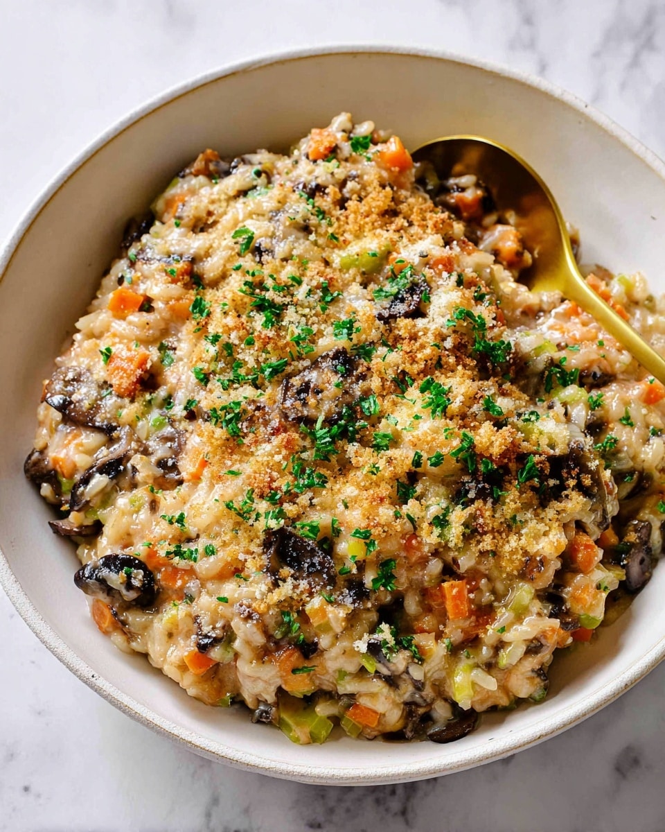 This image shows a close-up of a creamy risotto dish served in a white bowl. The risotto has several layers: cooked rice mixed with small pieces of orange carrot, green celery, and dark brown mushrooms. The creamy texture is visible, with melted cheese blending into the rice, giving a slightly glossy look. On top, there is a light sprinkling of golden toasted breadcrumbs and finely chopped fresh green herbs, adding color contrast and texture. The bowl is set on a white marbled surface, and a light yellow spoon rests inside the bowl, slightly covered by the risotto. Photo taken with an iphone --ar 4:5 --v 7