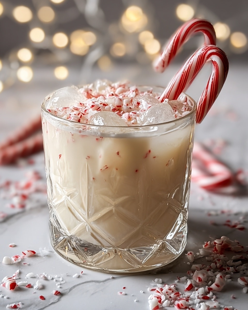 A short clear glass with diamond-cut patterns holds a creamy, light beige drink filled with large ice cubes visible through the glass. The drink is topped with crushed white and red peppermint pieces, adding texture and color on the surface. A red and white striped candy cane is hooked over the rim of the glass on the right side. The glass sits on a white marbled surface scattered with a few whole candy canes and crushed peppermint bits, softly lit by blurred warm fairy lights in the background. photo taken with an iphone --ar 4:5 --v 7