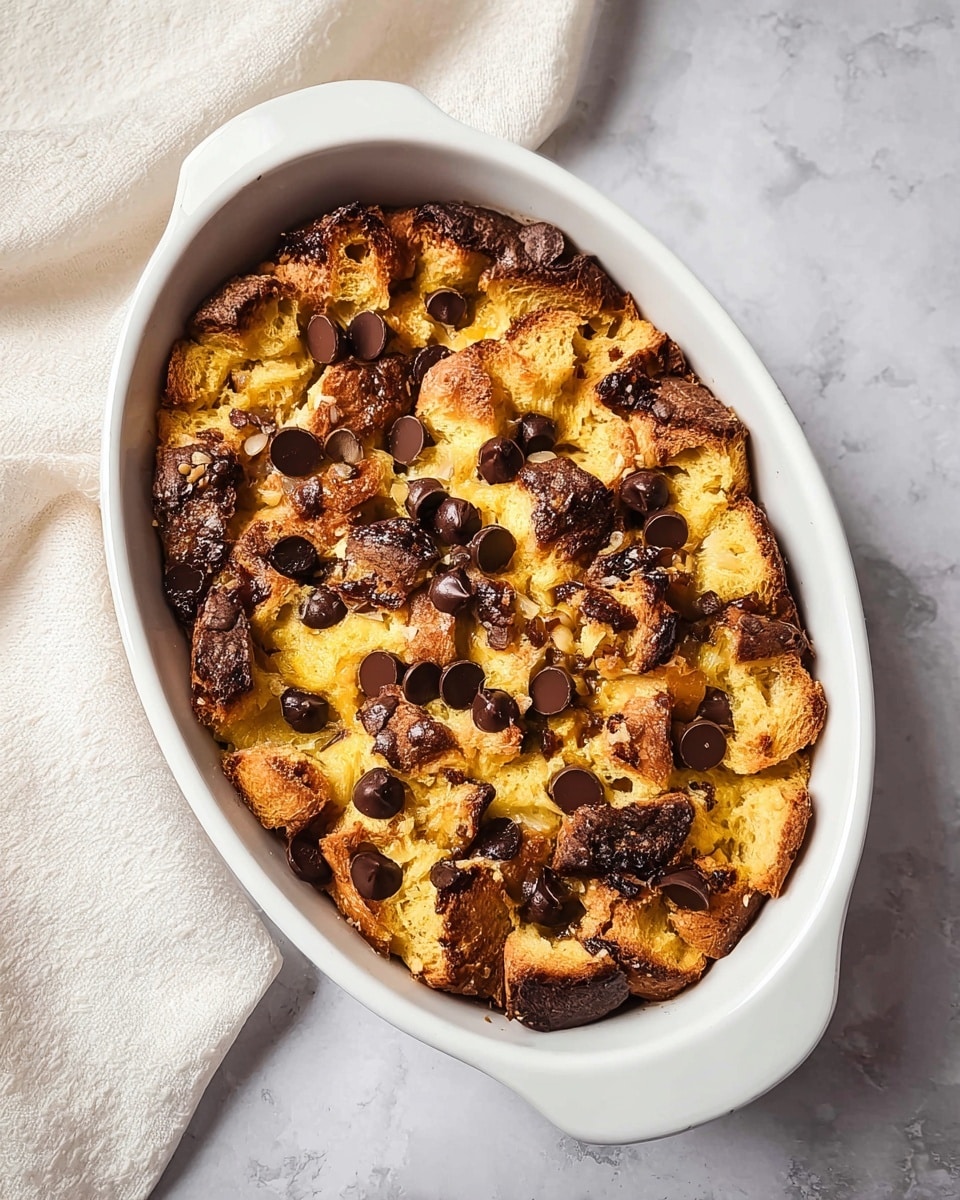 The image shows a baked bread pudding in an oval white ceramic dish. The pudding has a golden brown top layer made of crisp, broken bread pieces with a slightly uneven texture. Scattered across the surface are many glossy, melted dark chocolate chips, which add darker brown spots and a gooey texture contrast. The edges of the bread are browned darker, giving a rustic look. The dish is placed on a white marbled texture surface, with a soft cream-colored cloth partially in the background. Photo taken with an iphone --ar 4:5 --v 7