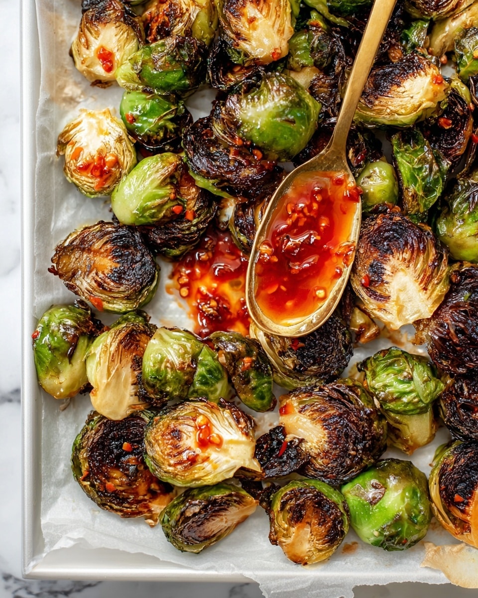 The image shows roasted Brussels sprouts on a white tray lined with parchment paper, each sprout cut in halves or quarters. The outer leaves are charred with dark brown and black patches while the inner layers are golden-brown and light green with a slightly crispy texture. A spoon with a golden handle holds a shiny, red-orange glaze with visible chili flakes, drizzled unevenly over the Brussels sprouts and the tray. The background is a white marbled texture. photo taken with an iphone --ar 4:5 --v 7