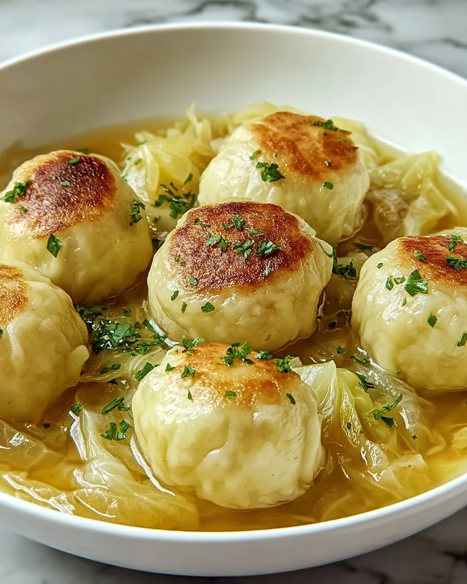 A white bowl filled with seven round dumplings, each with a smooth, pale yellow outer layer and two of them having a golden-brown toasted top. The dumplings sit in a light golden broth with translucent, softened cabbage leaves scattered around them. Small pieces of green herbs are sprinkled evenly on the dumplings and cabbage, adding a touch of color contrast. The bowl is placed on a white marbled surface. photo taken with an iphone --ar 4:5 --v 7