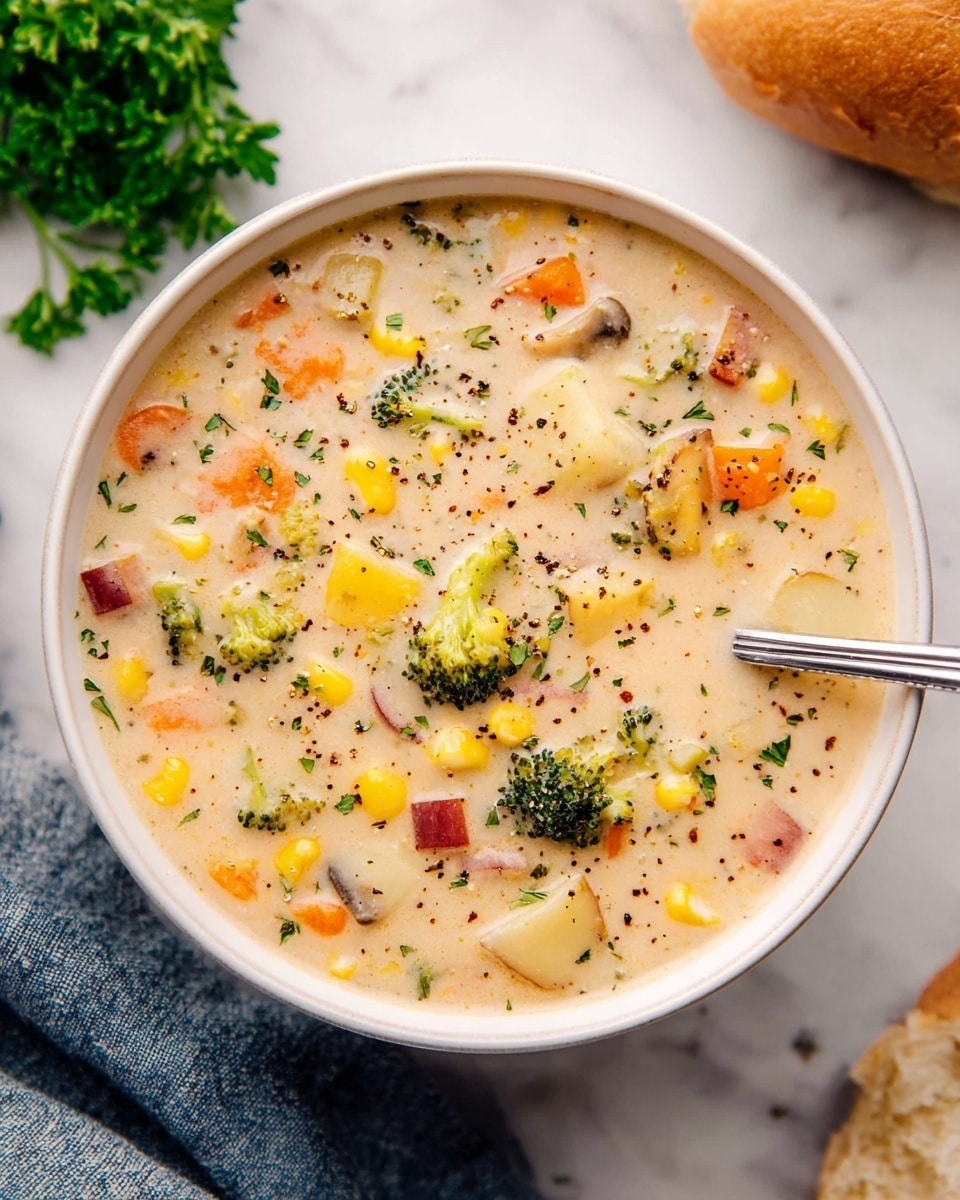 A white bowl filled with creamy soup showing many colorful chunks inside; the soup has a smooth, thick light beige base speckled with black pepper and herbs. Visible pieces include green broccoli florets, orange carrot cubes, yellow corn kernels, small red potato chunks, and white mushroom slices, all evenly mixed. A silver spoon is placed on the right side inside the bowl, partially submerged in the soup. The background features a white marbled surface with a piece of bread in the top right corner and bright green parsley on the left side, while a folded blue-grey cloth is seen in the bottom left corner. Photo taken with an iphone --ar 4:5 --v 7