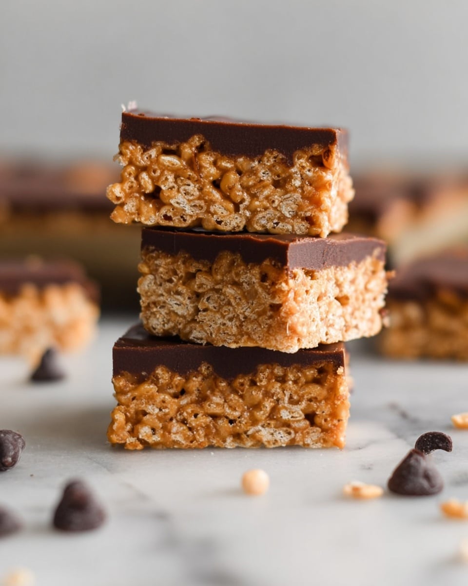 A close-up view of three layered peanut butter rice crispy treats stacked on top of each other, each piece showing two layers: a textured, golden-brown crispy bottom layer with visible puffed rice and a smooth, dark brown chocolate layer on top. The treats rest on a white marbled surface with a few dark brown chocolate chips scattered around, and a blurred background with more treats. photo taken with an iphone --ar 4:5 --v 7