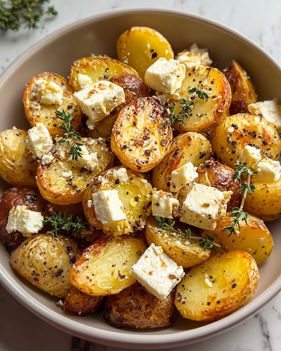 A white bowl filled with roasted baby potatoes cut in half, showing a golden brown, crispy outer layer with a soft, light yellow inside. Scattered on top are uneven chunks of white feta cheese, some slightly browned from baking. Sprigs of fresh green thyme are placed among the potatoes, and the dish is sprinkled with coarse black pepper. The bowl rests on a white marbled textured surface. photo taken with an iphone --ar 4:5 --v 7