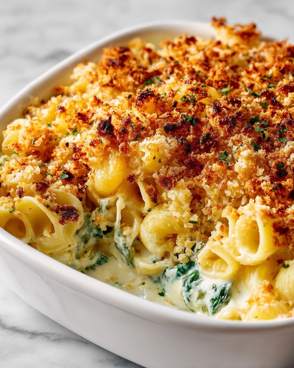A close-up of a baked macaroni dish in a white baking dish, showing three main layers: the bottom layer has creamy white sauce with pieces of green spinach mixed in, the middle layer is curly yellow macaroni pasta coated in the sauce, and the top layer is a golden brown crispy breadcrumb topping with some darker toasted spots, giving a crunchy texture contrast. The dish sits on a white marbled surface. photo taken with an iphone --ar 4:5 --v 7