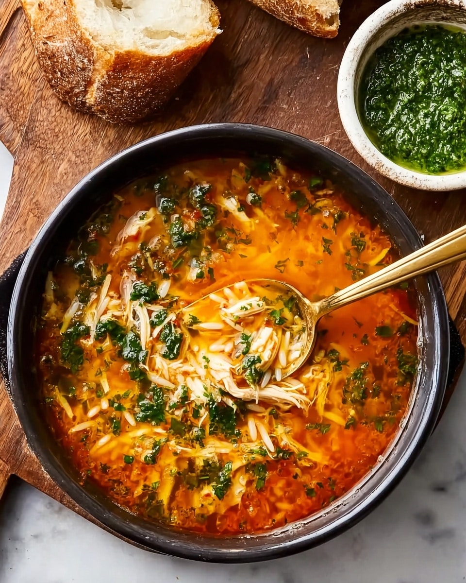A black bowl filled with bright orange broth soup that contains small pieces of shredded chicken, thin rice-like pasta, and chopped green herbs floating on top and mixed inside. A golden spoon is dipped into the soup, scooping up some pasta and herbs from the center. Behind the bowl, a piece of torn crusty white bread sits on a wooden board. To the upper right, a small white bowl filled with rich green pesto sauce adds color contrast. The setting is on a white marbled textured surface. photo taken with an iphone --ar 4:5 --v 7