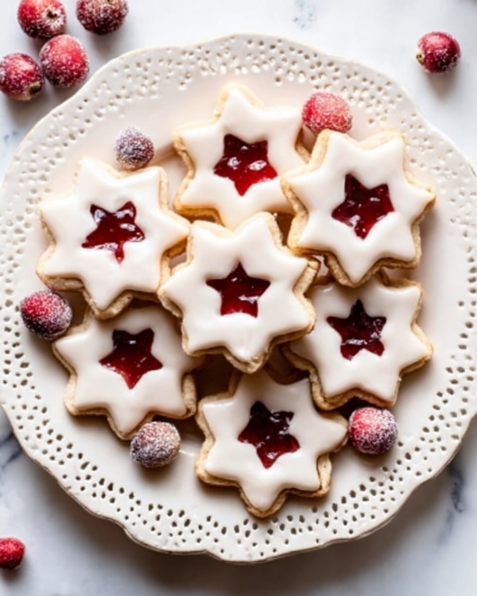 The image shows a white lace-edged plate with seven star-shaped cookies arranged in a circular pattern. Each cookie has a creamy white icing covering the top surface, with a small star-shaped hole in the center revealing a red jam layer beneath. The cookies have a slightly rough texture on the edges and look soft and crumbly. Three fresh cranberries are placed around the plate, adding a touch of bright red color. The plate sits on a white marbled surface with soft, natural lighting. Photo taken with an iphone --ar 4:5 --v 7