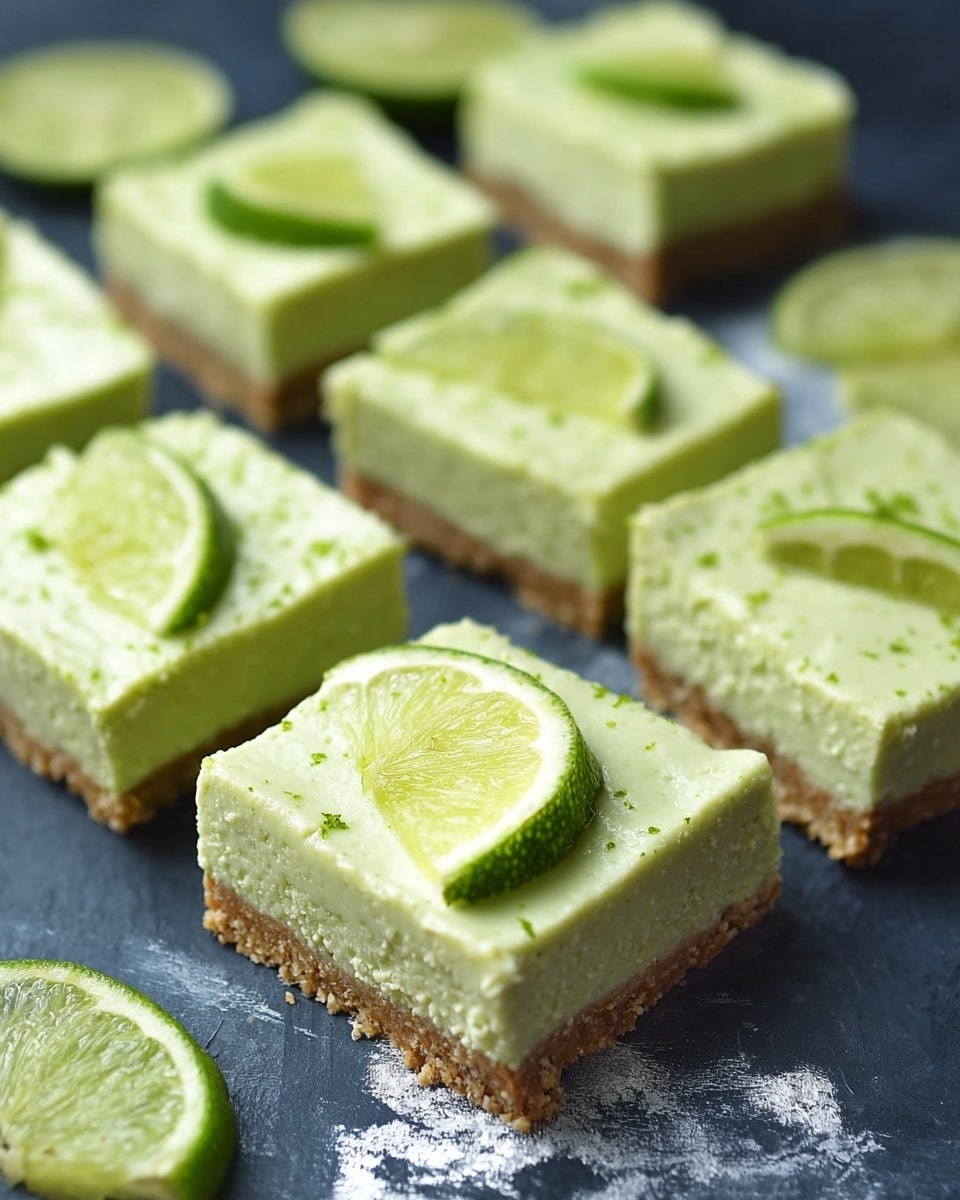 The image shows several square lime dessert bars arranged on a dark surface with a white marbled texture. Each bar has two layers: the bottom layer is a thick, light brown crumbly crust, and the top layer is a thick, creamy, pale green lime filling with a smooth texture and specks of lime zest. Some bars are topped with thin slices or wedges of fresh lime, adding a bright green color contrast. The dessert bars appear moist and fresh, with clean edges and vibrant green hues from the lime. photo taken with an iphone --ar 4:5 --v 7