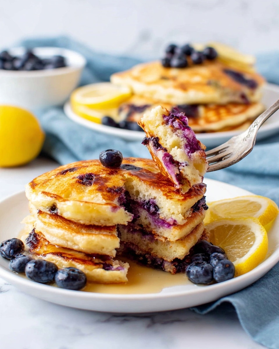 A stack of three thick, golden-brown blueberry pancakes sits on a white plate, each pancake showing soft texture with visible blueberries inside. On the side, there is a small pile of fresh blueberries and two lemon slices adding bright yellow color. A fork lifts a piece of the top pancake, revealing its fluffy interior with purple blueberry juice. In the background, another white plate holds more pancakes topped with scattered blueberries and lemon slices. A white bowl with some blueberries inside is partially visible, all placed on a white marbled surface with a light blue cloth. photo taken with an iphone --ar 4:5 --v 7