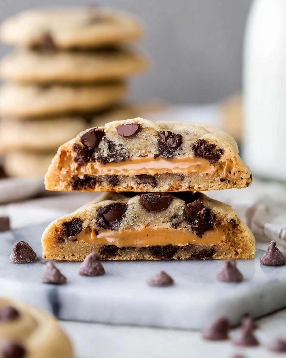 Two thick cookie halves stacked on a white marbled surface, each with a golden brown dough layer filled with dark chocolate chips scattered throughout. Inside the center of the cookies is a visible smooth peanut butter layer running horizontally, giving a rich contrast in color between the light dough and the creamy tan filling. Loose chocolate chips are scattered on the surface around the cookies, and blurred stacks of whole cookies and a white bottle can be seen in the background. Photo taken with an iphone --ar 4:5 --v 7