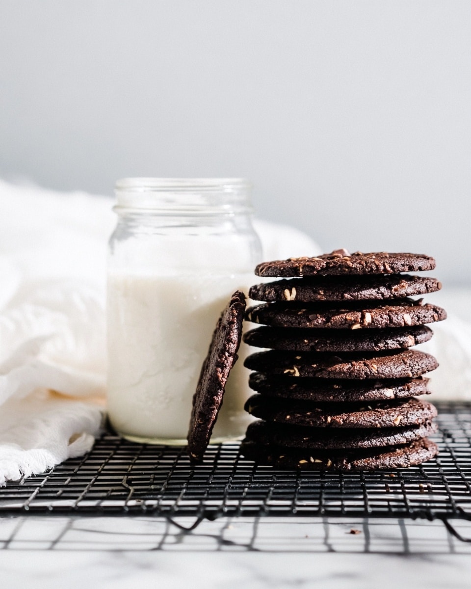 A stack of thin, dark chocolate cookies with visible bits of nuts or chocolate chips is leaning against a small glass jar filled with creamy white milk. The cookies are arranged upright in a slightly curved line on a black cooling rack. In the background, there is a soft white cloth placed on a white marbled surface. The light is soft and bright, creating a clean and fresh look. photo taken with an iphone --ar 4:5 --v 7