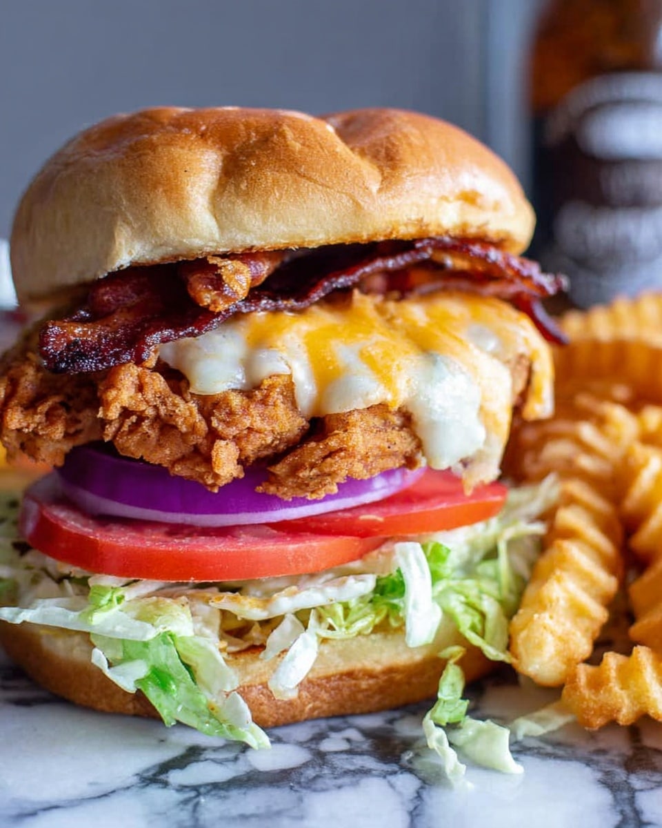 A close-up of a tall chicken sandwich with multiple layers on a white bun, starting at the bottom with shredded light green lettuce and a thick slice of dark purple-red onion, followed by two bright red tomato slices. Above this sits a large piece of crispy golden-brown fried chicken, topped with a layer of melted white cheese and melted orange cheddar cheese. On top of the cheese lies a strip of crispy dark brown bacon, all held together by the soft, lightly browned white top bun. Next to the sandwich are golden crinkle-cut fries on a white marbled surface. Photo taken with an iphone --ar 4:5 --v 7