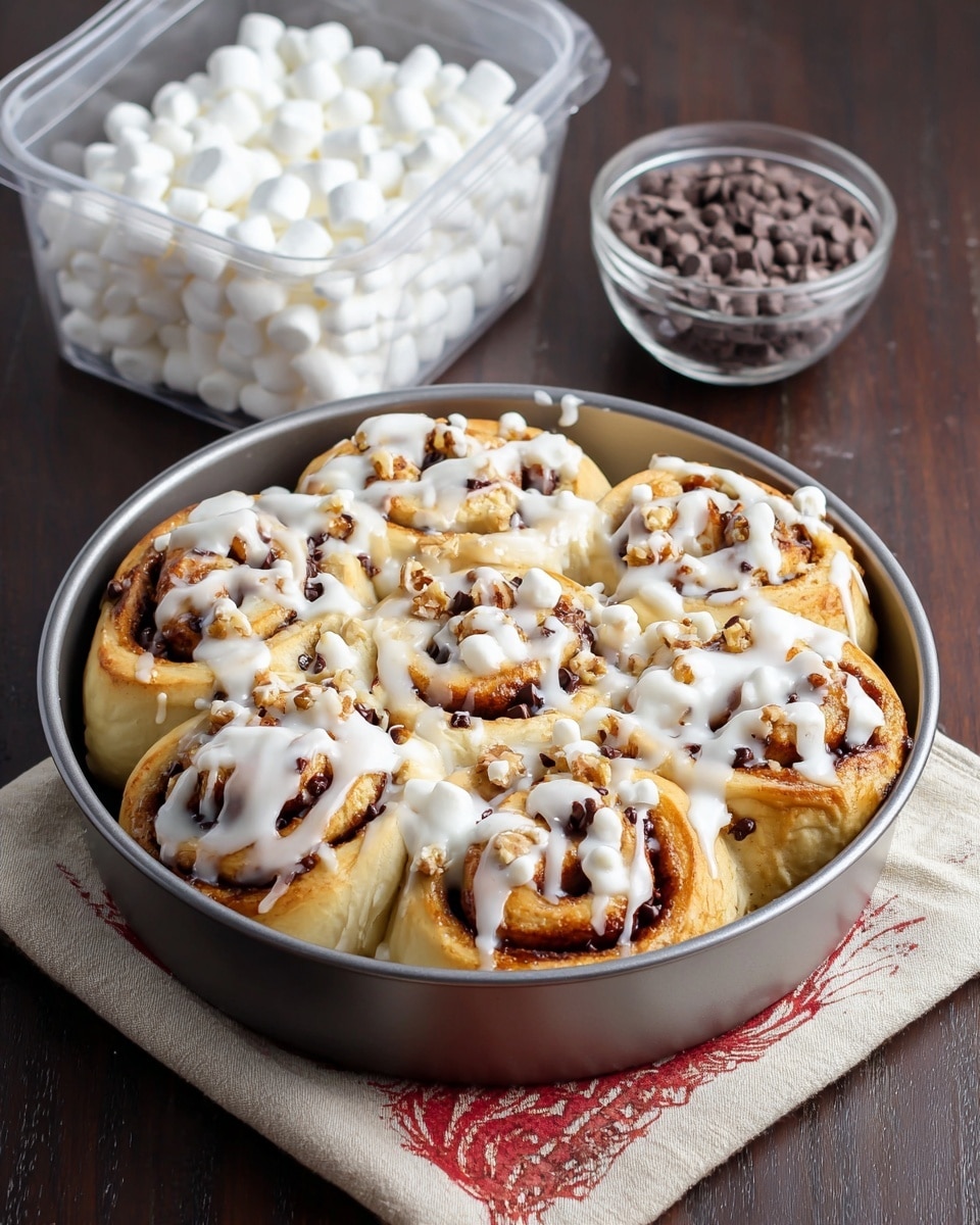 A round silver pan holds seven soft, golden brown cinnamon rolls arranged closely together, each swirl filled with tiny dark chocolate chips and chopped nuts. Thick, white icing is drizzled unevenly over the top, creating a creamy contrast to the warm tones of the rolls. The pan sits on a beige cloth with a red design, placed on a white marbled textured surface. Behind the pan, a clear plastic container filled with small white marshmallows and a glass cup with more chocolate chips are visible, adding a cozy, ingredient-focused background. Photo taken with an iphone --ar 4:5 --v 7