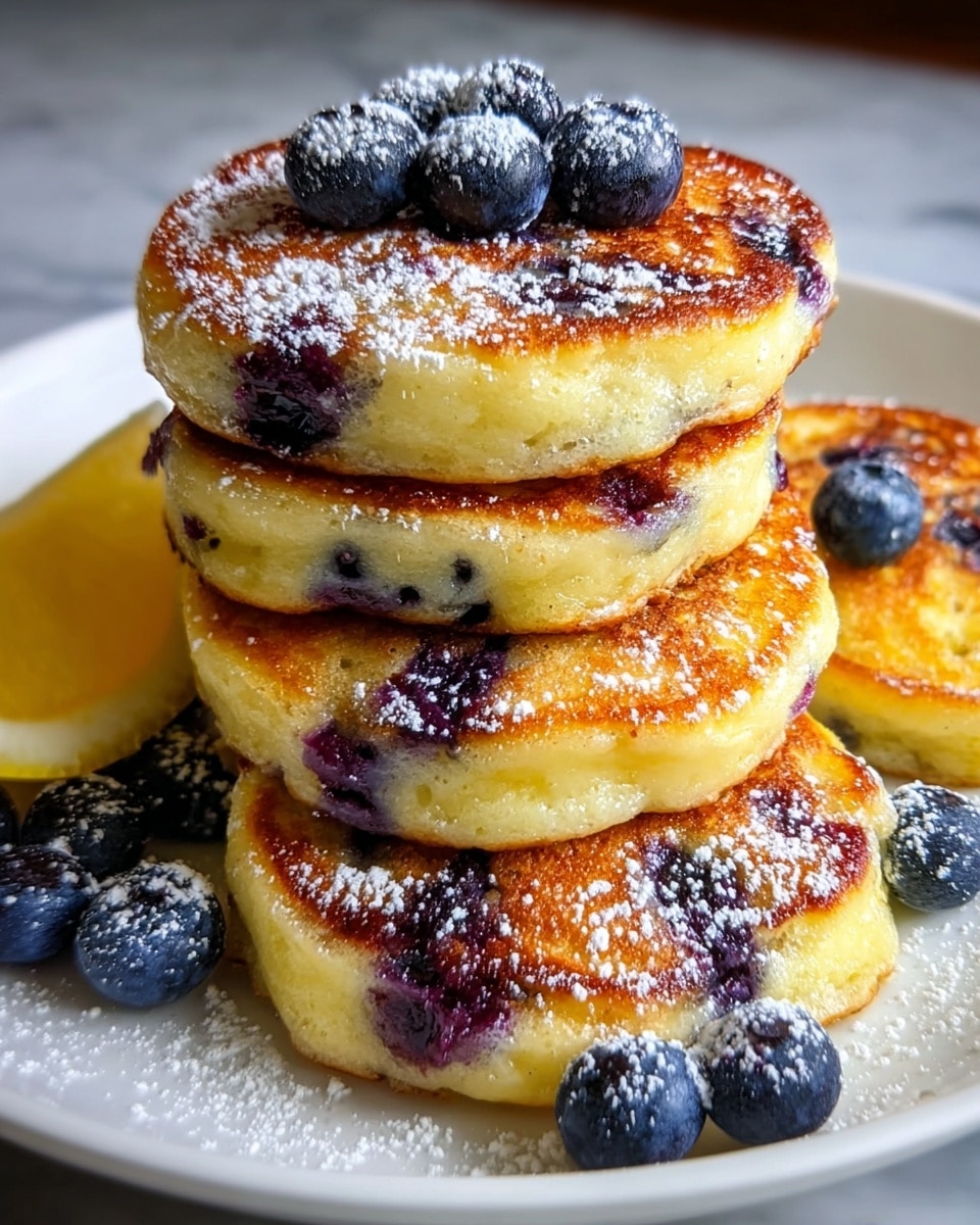 A stack of six thick, round blueberry pancakes arranged closely on a white plate, each pancake golden brown on top with visible cooked blueberries inside creating purple spots, and dusted lightly with powdered sugar. Fresh blueberries are scattered on top and around the pancakes, adding a pop of deep blue color. In the background, a bright yellow lemon wedge rests on the plate, contrasting with the golden pancakes. The setting sits on a white marbled surface. photo taken with an iphone --ar 4:5 --v 7