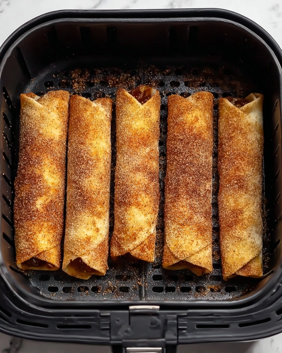 The image shows four rolled sticks of food, golden brown and crispy, lined up side by side in a black air fryer basket. Each stick is coated with a textured layer of cinnamon and sugar, giving them a slightly rough, sweet crust. The ends of the rolls reveal a sticky, gooey filling inside, with a warm caramel-like color. The air fryer basket has a grid pattern at the bottom, catching small bits of cooked sugar. The scene is set against a white marbled surface. photo taken with an iphone --ar 4:5 --v 7