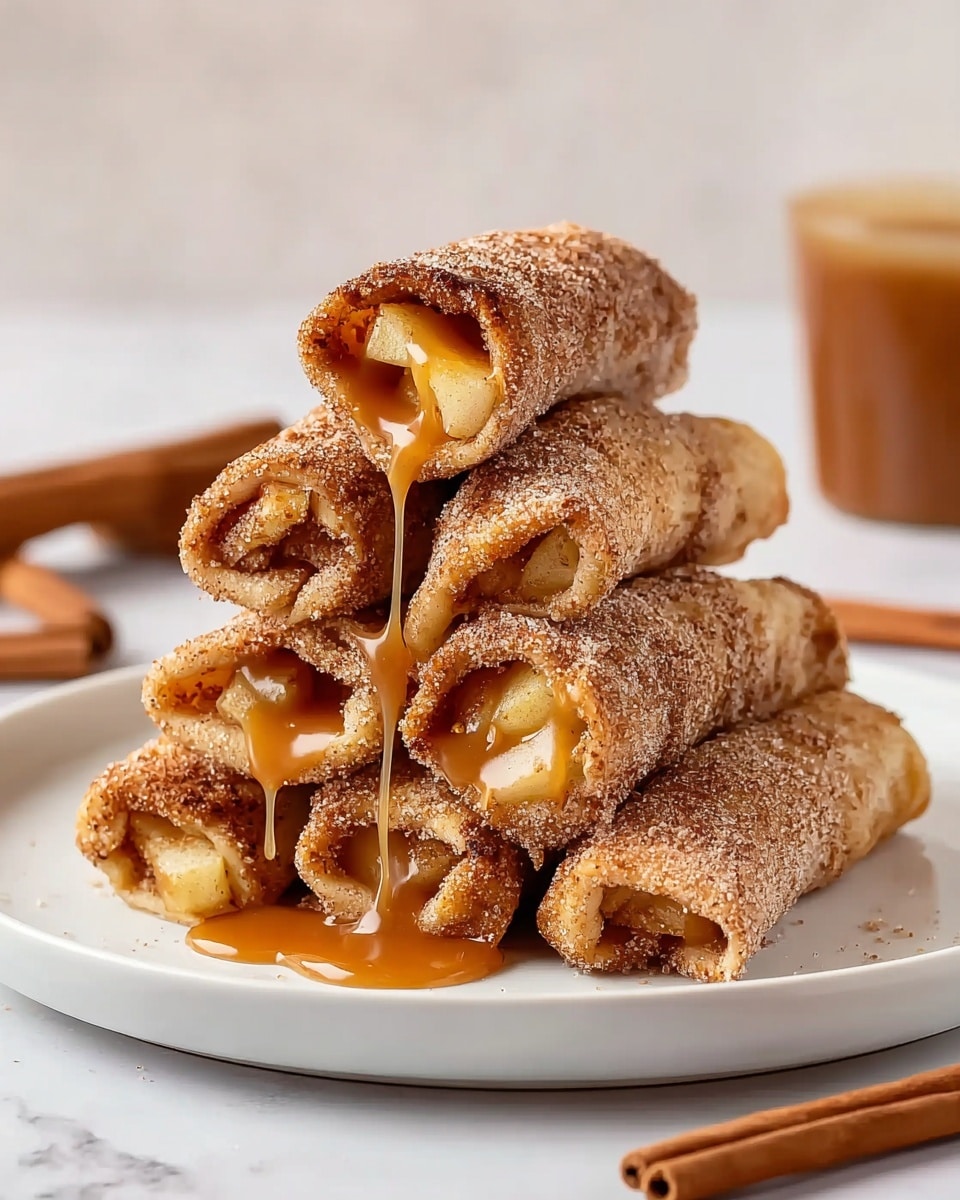 A stack of six rolled pastries is neatly piled on a white plate, each pastry coated with a light brown cinnamon sugar mix giving a slightly rough texture. The top three pastries reveal gooey caramel sauce dripping slowly down the sides and pooling on the plate beneath, adding a glossy contrast to the matte sugar coating. Inside, small pieces of soft, light yellow apple filling peek out from the ends of the rolls. The plate sits on a white marbled surface with two cinnamon sticks lying blurred in the background and a small container of caramel sauce further back, all suggesting a warm, cozy setting. photo taken with an iphone --ar 4:5 --v 7