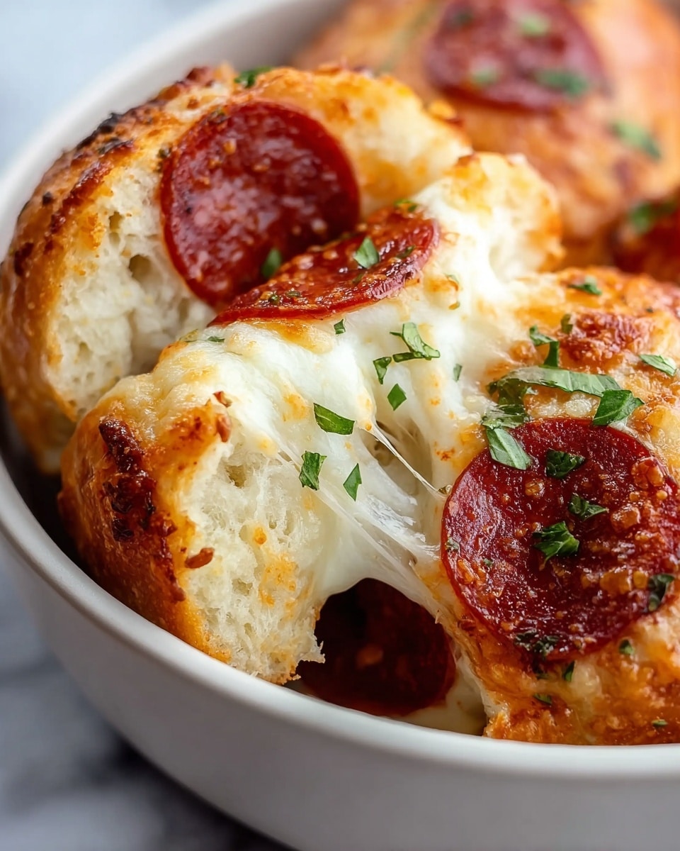 A close-up view of a baked pepperoni roll showing three main layers clearly: the outer golden-brown bread crust, which looks crispy and slightly bubbly with melted cheese baked on top; the middle layer of stretchy melted white cheese that is gooey and soft, oozing out slightly when torn; and the inner layer of dark red, round pepperoni slices nestled inside. Small green chopped parsley leaves are sprinkled on top of the roll for contrast. The rolls sit inside a white bowl placed on a white marbled surface. Photo taken with an iphone --ar 4:5 --v 7