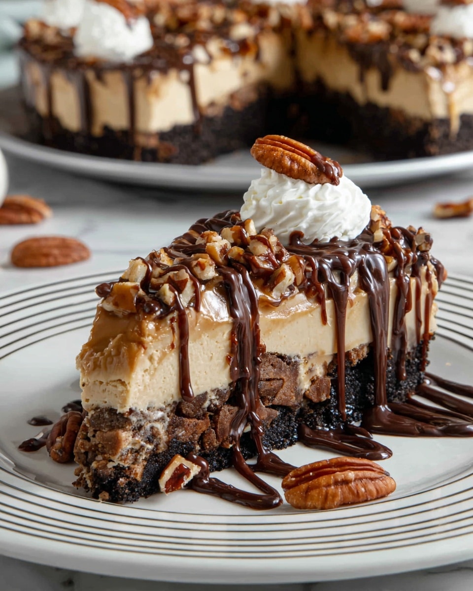 A slice of rich dessert with three distinct layers is placed on a white plate with thin dark stripes near the edge. The bottom layer is dark and dense, filled with chunks and a rough texture, resembling a brownie or cookie base. The middle layer is creamy and light brown, smooth and even. On top, chopped pecans and a thick drizzle of dark chocolate sauce cover the surface, with two small dollops of fluffy white whipped cream, each topped with a whole pecan. More chocolate sauce and pecans decorate the plate around the slice. The background shows the remaining larger dessert on a white plate, all set on a white marbled surface. photo taken with an iphone --ar 4:5 --v 7