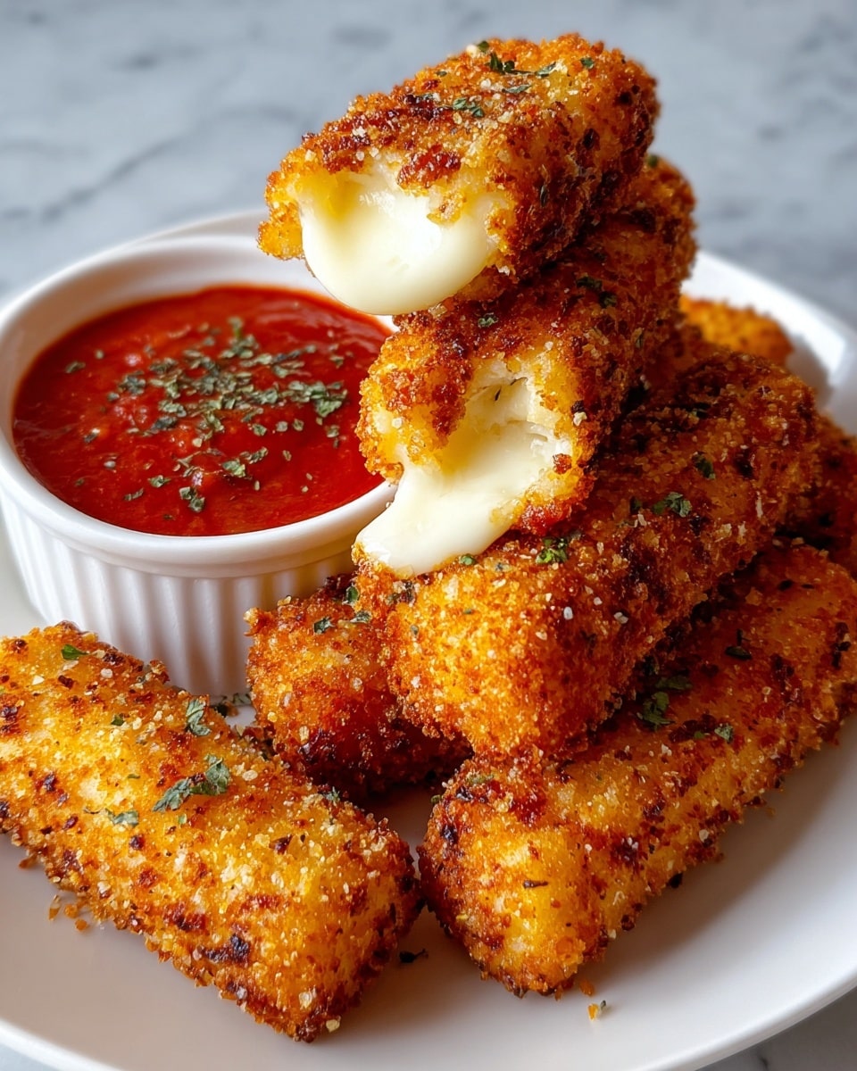 A stack of golden-brown crispy mozzarella sticks with a crunchy breaded coating is placed on a white plate, with one stick broken open to show melted white cheese oozing out. Behind the stack, there is a white ramekin filled with bright red marinara sauce sprinkled lightly with green herbs. The plate is set on a white marbled surface. photo taken with an iphone --ar 4:5 --v 7
