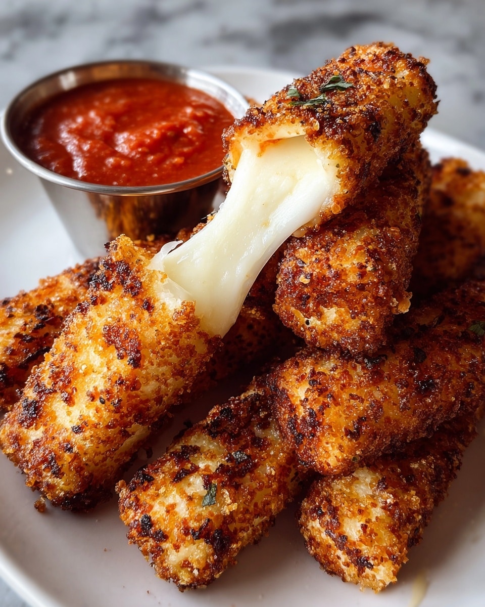 The image shows a white plate full of crispy, golden-brown fried cheese sticks with a rough, crunchy texture on the outside. One cheese stick is being pulled apart, stretching white, melted cheese in the middle. Behind the cheese sticks, there is a small metal cup filled with thick, bright red marinara sauce. The plate sits on a white marbled texture surface, making the colors of the food stand out vividly. photo taken with an iphone --ar 4:5 --v 7