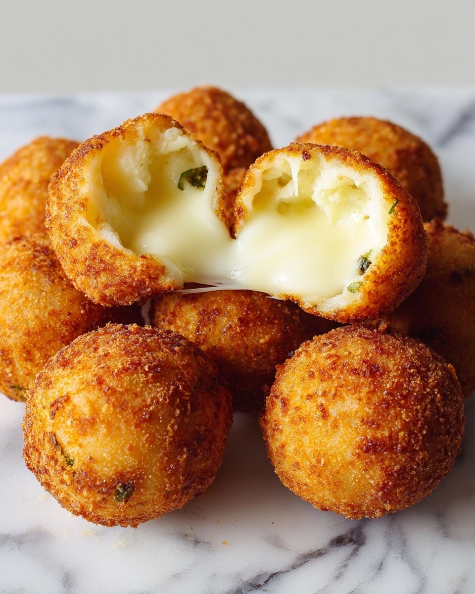 The image shows seven round, deep-fried balls with a golden-brown crispy outer layer arranged closely together on a white marbled surface. One of the balls is broken in half and placed on top of the others, revealing a soft, creamy, white melted cheese filling stretching slightly between the two halves. The outer crust has a rough texture with small crunchy bits visible. The cheese inside looks smooth and glossy, and there are small green bits mixed in the filling near the edges. Photo taken with an iphone --ar 4:5 --v 7