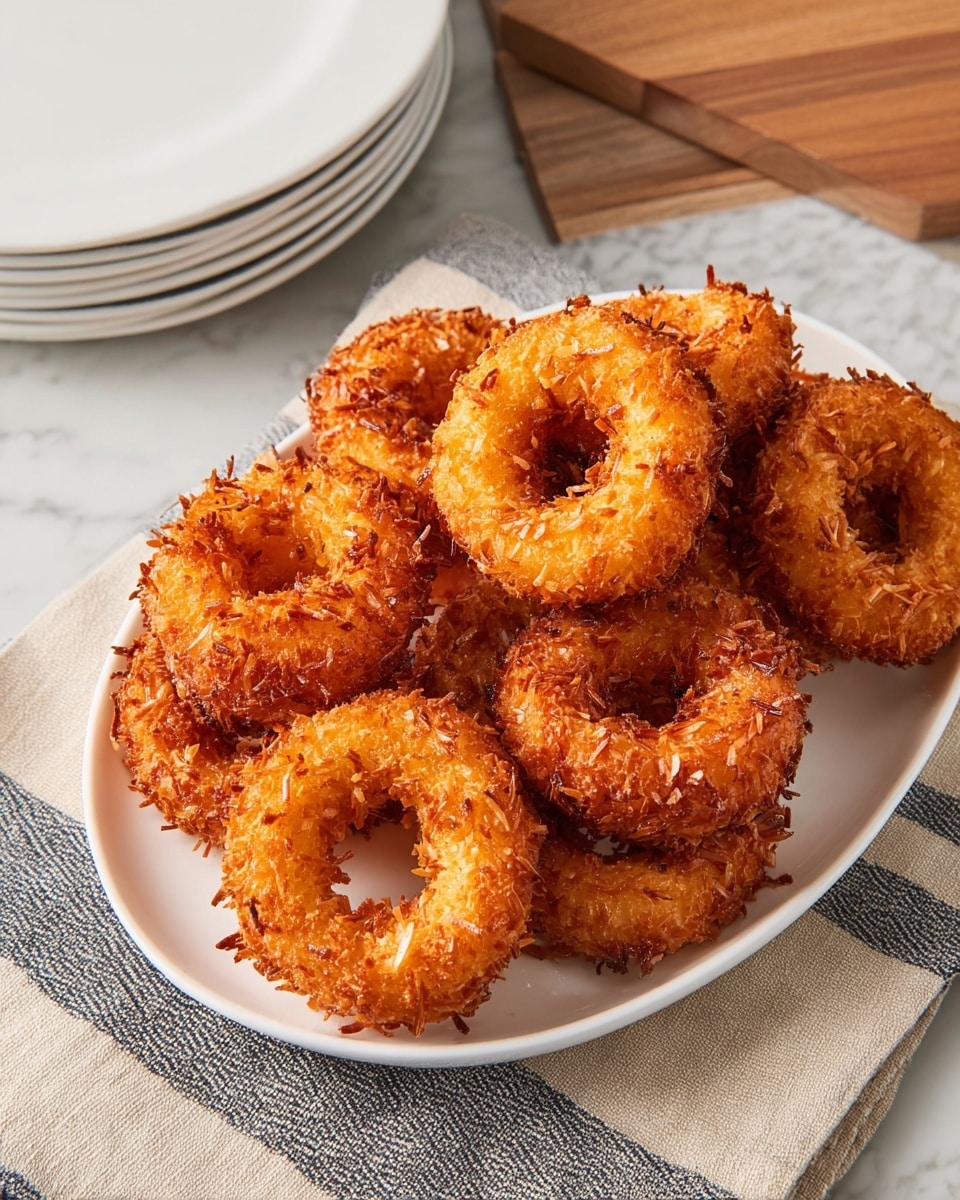 A white oval plate holds a stack of nine golden brown coconut rings, each ring topped with crispy shredded coconut giving a rough texture. The rings are arranged closely, some overlapping, showing their thick, crunchy layers with a center hole on each. The plate sits on a beige and dark gray striped cloth, placed over a smooth white marbled surface. Nearby, three stacked white plates are partially visible on a wooden board. Photo taken with an iphone --ar 4:5 --v 7
