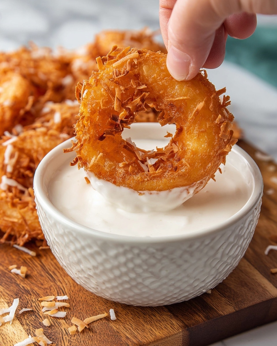 A close-up image shows a golden-brown coconut-covered ring-shaped fried snack being dipped into a white bowl filled with smooth white cream. The crispy texture of the snack is detailed with toasted shredded coconut covering its surface, while the cream looks thick and glossy. A woman's hand gently holds the snack from the top left corner, partially into the cream. The bowl is placed on a wooden board which rests on a white marbled surface. In the blurred background, more of the same fried snacks are visible. Photo taken with an iphone --ar 4:5 --v 7