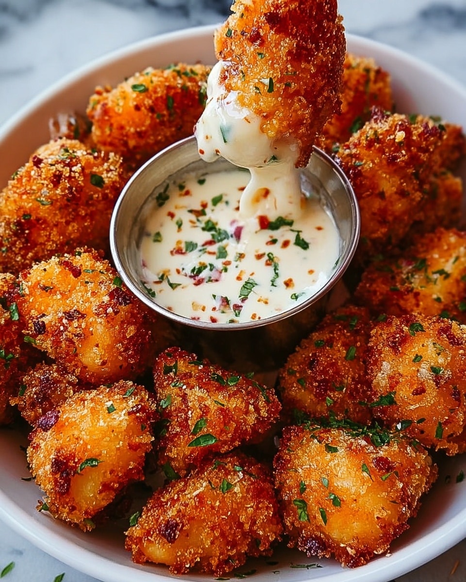 The image shows a white bowl filled with golden brown, crispy fried balls arranged around a creamy dip. Each ball has a crunchy and textured outer layer with hints of herbs inside. The dip in the center is thick, speckled with green and red bits of herbs and spices, giving it a colorful look. A woman's hand wearing a black glove is lifting one fried ball from the dip, stretching the creamy white sauce with melted cheese strands. The setting is on a white marbled surface with soft lighting highlighting the crispy texture of the balls and the smoothness of the dip. photo taken with an iphone --ar 4:5 --v 7