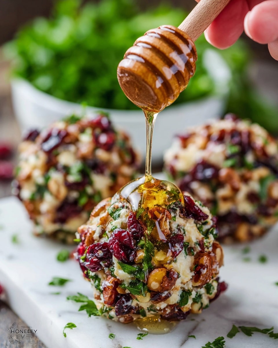 The image shows three cheese balls covered in chopped nuts, dried cranberries, and fresh green herbs, arranged on a white marbled surface. Each cheese ball has a rough texture made by the uneven coating of red dried cranberries, beige nuts, and green herbs all around. A woman's hand is holding a wooden honey dipper above the closest cheese ball, drizzling clear golden honey that glistens as it flows down the side of the ball. The background is softly blurred with more herbs and a white bowl, focusing attention on the honey-covered cheese ball in front. Photo taken with an iphone --ar 4:5 --v 7