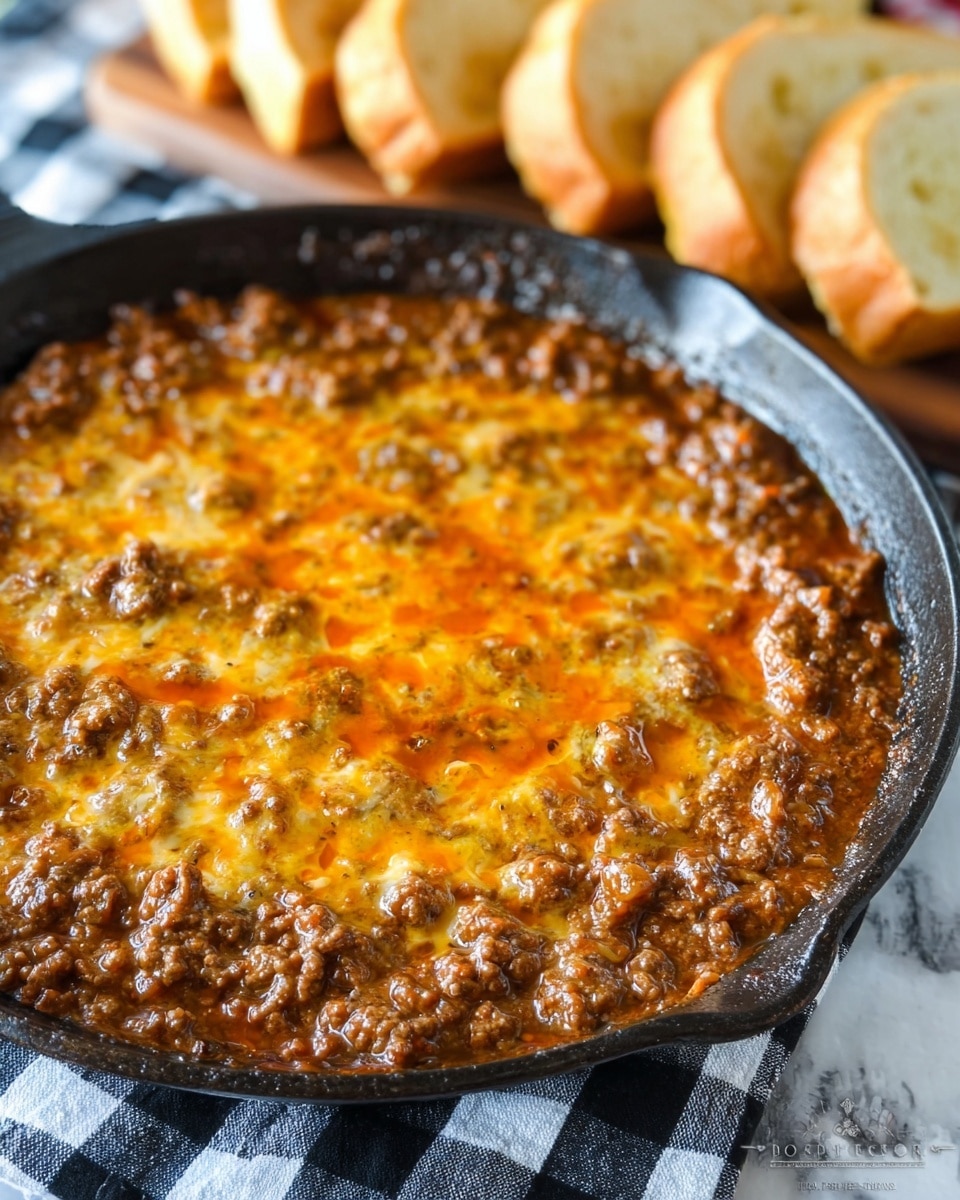 A close-up of a dark cast iron skillet filled with two layers: the bottom layer is a chunky brown ground meat sauce with bits of onions and peppers, and the top layer is melted golden-yellow cheese mixed with a shiny orange oily sauce spread evenly across the surface. In the background, there are thick slices of toasted white bread. The skillet sits on a black and white checkered cloth over a white marbled surface. Photo taken with an iphone --ar 4:5 --v 7