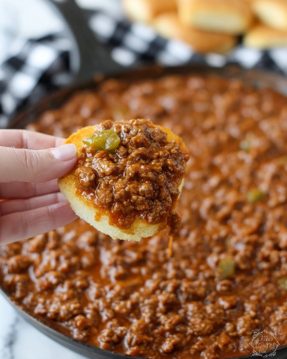 A close-up image showing a woman's hand holding a small piece of light golden bread topped with a thick, textured layer of brown chili meat mixture that has a glossy, slightly oily surface. The chili contains visible bits of ground meat and small pieces of green pepper, giving it a chunky and hearty look. In the background, a large pan filled with the same rich, brown chili mixture covers the entire visible surface, set on a white marbled texture with a black and white checkered cloth underneath. Photo taken with an iphone --ar 4:5 --v 7