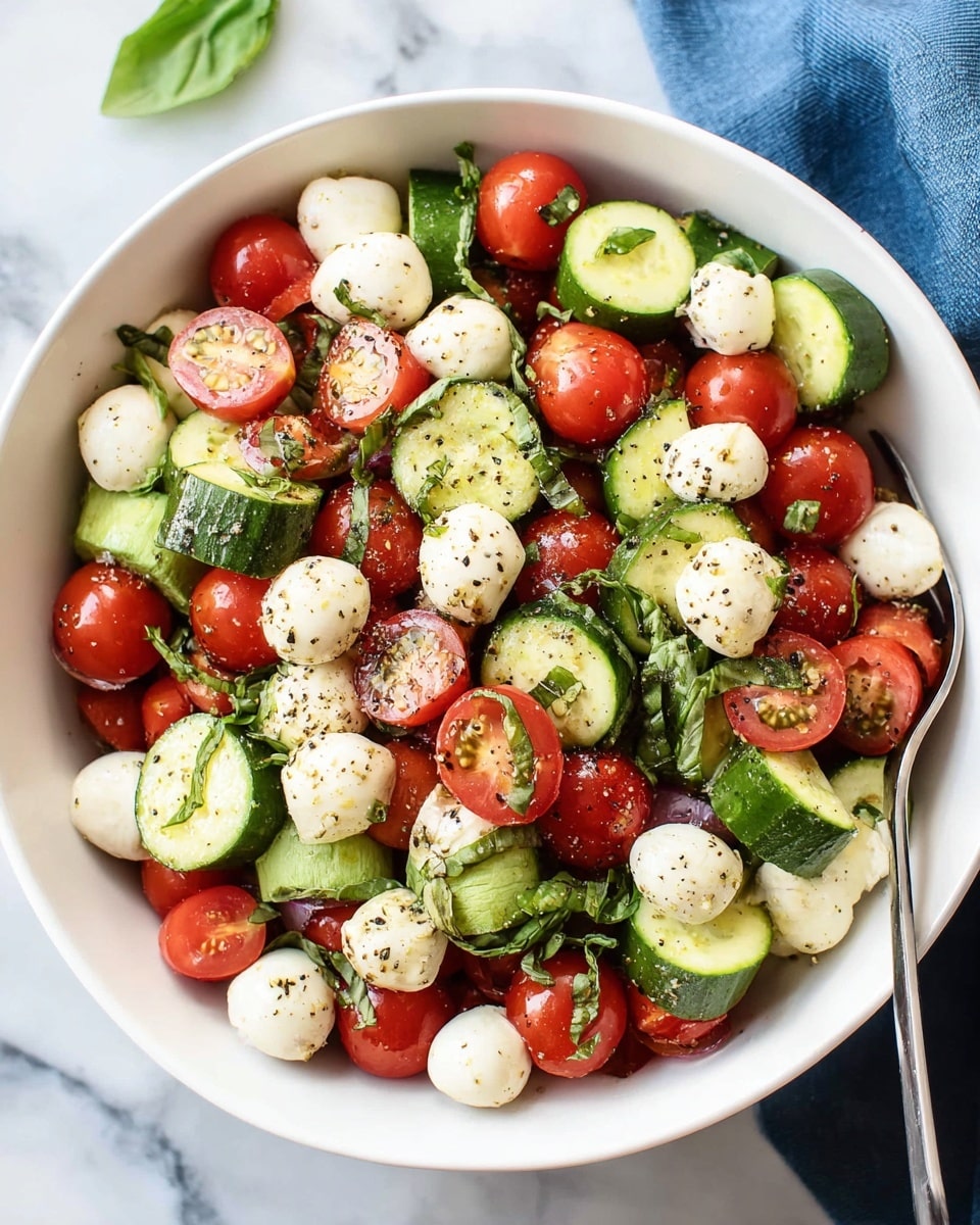 A white bowl filled with a fresh salad consisting of three main layers: bright red cherry tomatoes, small round white mozzarella balls, and thick slices of green cucumber with darker green skin, all mixed evenly. The salad is sprinkled with chopped fresh green basil leaves and coarse black pepper, giving a textured look over the glossy vegetables and cheese. The bowl rests on a white marbled surface with a blue cloth partly visible beside it. photo taken with an iphone --ar 4:5 --v 7