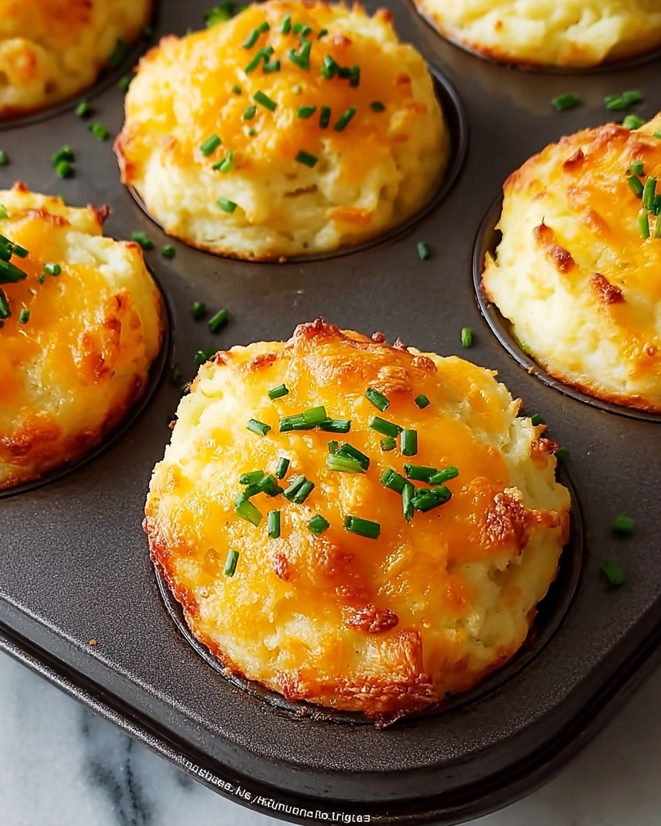 The image shows four small, round potato gratin cups with golden brown tops, arranged closely together. Each cup has melted cheese on the top layer that is bubbly and browned in spots, with fresh green herb leaves, possibly thyme, placed delicately on top. The sides show creamy white potato layers beneath the cheese, visible through the slightly crispy edge. The cups are placed on a white marbled surface, with a soft focus in the background, making the gratin look warm and inviting. Photo taken with an iphone --ar 4:5 --v 7