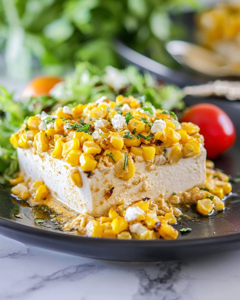 A slice of white firm tofu is topped with a generous layer of bright yellow grilled corn kernels mixed with small pieces of white cheese and chopped green herbs. The corn topping looks slightly charred and juicy, adding texture and color contrast. The tofu sits on a dark plate with a bit of the corn mixture spilling over the side, and in the background, there is a hint of fresh green salad leaves and a small red cherry tomato. The scene is set on a white marbled surface. photo taken with an iphone --ar 4:5 --v 7