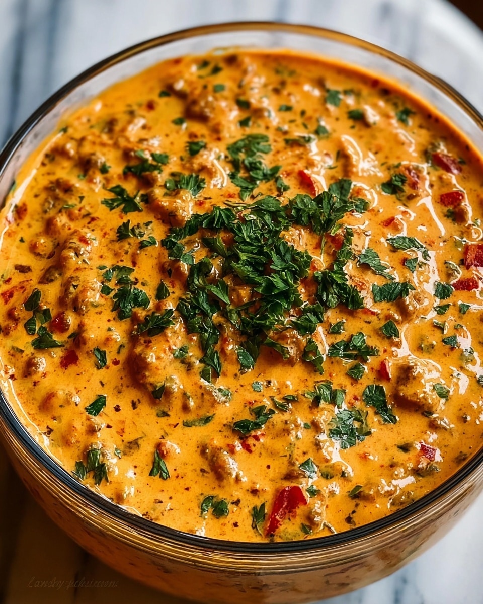 A close-up view of a clear glass bowl filled with a thick, creamy orange sauce mixed with finely chopped red bell peppers and green herbs. The sauce has small chunks of meat or vegetables evenly spread throughout, giving the texture a rich and hearty look. On top, finely chopped fresh green parsley is scattered, providing a fresh, vibrant contrast to the warm orange color of the sauce. The bowl sits on a white marbled surface, the creamy sauce filling it to the brim and slightly textured with visible specks of spices and ingredients. Photo taken with an iphone --ar 4:5 --v 7