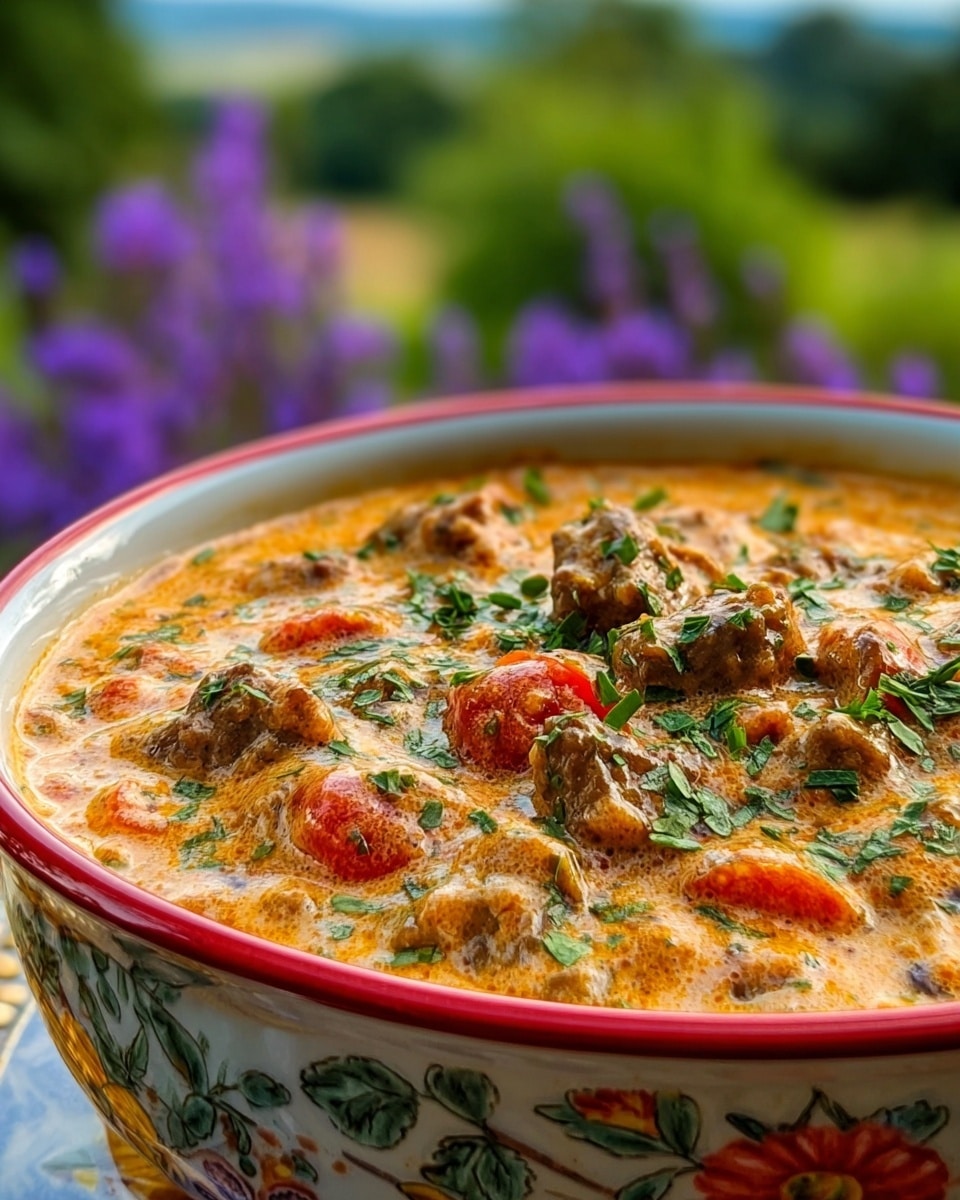 A close-up view of a creamy dish served in a white bowl with bright colorful floral patterns and a red rim, filled to the top with a thick sauce containing small, cooked meat pieces and chunks of red tomatoes. The surface is orange-tinged with visible oil spots, sprinkled with small green herb leaves scattered evenly on top. The background shows a blurred view of green fields and purple flowers, creating a calm outdoor feeling. Photo taken with an iphone --ar 4:5 --v 7