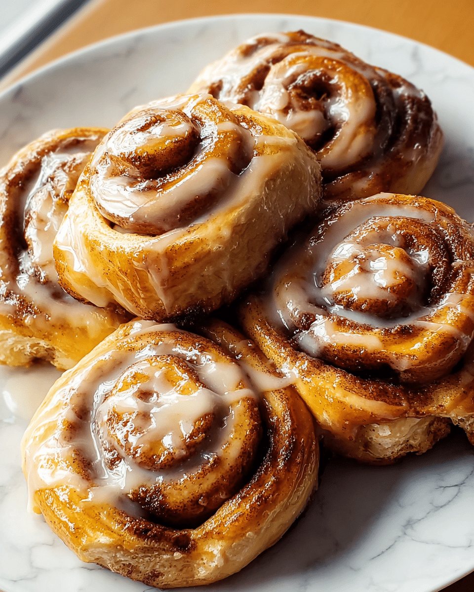 Five cinnamon rolls are placed closely together on a white plate, each roll showing three visible layers of soft, golden-brown dough swirled with dark cinnamon filling. A shiny, creamy glaze with a light beige color is generously drizzled over the top, pooling slightly in the crevices of the rolls and giving them a moist, sticky texture. The cinnamon rolls’ surfaces are slightly uneven, with some raised edges and baked spots that add a rustic look. The plate sits on a wooden surface, but the background is edited to a white marbled texture. photo taken with an iphone --ar 4:5 --v 7