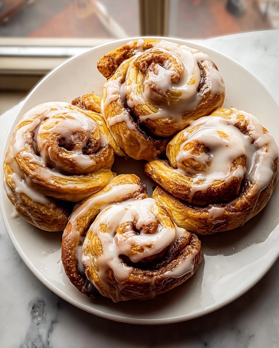 A white plate holds five cinnamon rolls arranged in a circle, each roll featuring multiple golden-brown layers with visible flaky textures and darker cinnamon swirls. A smooth, creamy white icing is drizzled generously over the top of each roll, pooling slightly in the folds and catching the light. The surface beneath the plate is a white marbled texture, adding a clean, bright contrast to the warm tones of the pastries. Photo taken with an iphone --ar 4:5 --v 7