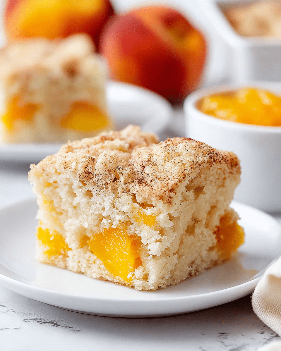 A square metal baking pan filled with a freshly baked peach cobbler cut into nine uneven square pieces. The top layer is golden brown and crispy with a rough, bumpy texture showing soft yellow and orange peach chunks peeking through in several spots. The crust looks thick and fluffy with a slightly crumbly surface dusted lightly with sugar. The background is a white marbled texture with a small piece of cloth at the bottom left and a bit of sliced peach visible at the top right edge. Photo taken with an iphone --ar 4:5 --v 7