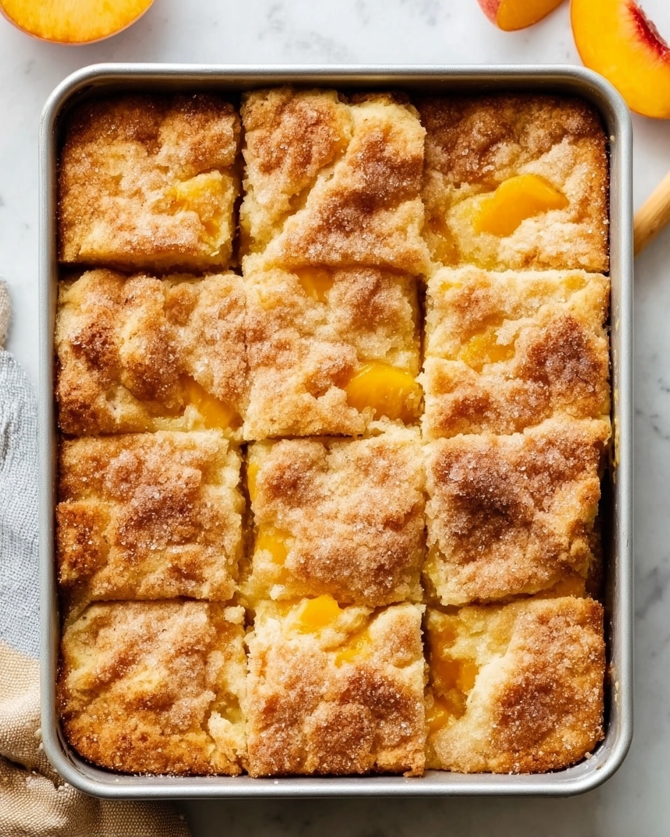 A single square piece of peach cake sits on a white plate, showing two main layers: the bottom layer is light golden with pieces of soft, bright orange peach embedded inside, while the top layer is a pale, crumbly cake crust sprinkled lightly with cinnamon or sugar, giving it a slightly rough texture. The cake appears moist and fluffy with visible small air holes, and some peach chunks peek out around the edges. In the background are blurred peaches, another white plate with a similar cake piece, and a white bowl filled with bright orange peach sauce, all set on a white marbled surface. photo taken with an iphone --ar 4:5 --v 7