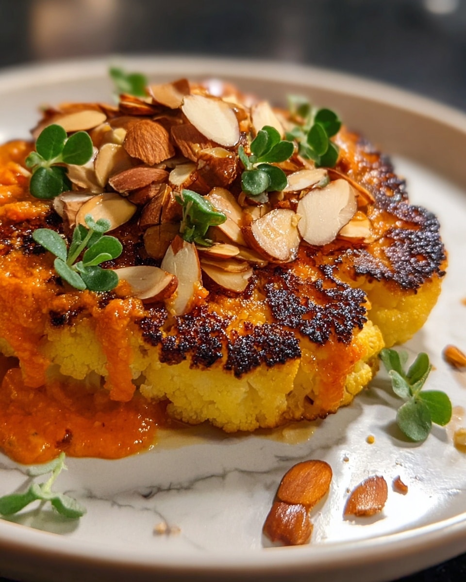 A single thick, round piece of roasted cauliflower with a golden brown, slightly crispy texture forms the base layer on a white plate with a thin brown rim. On top of the cauliflower is a bright orange, smooth, and slightly chunky sauce spread evenly, adding vibrant color. This is topped with a handful of whole and halved almonds, which are light brown with creamy white insides. Surrounding the cauliflower is a small bunch of fresh, dark green leafy herbs or greens, creating a fresh contrast. The plate rests on a white marbled surface. Photo taken with an iphone --ar 4:5 --v 7