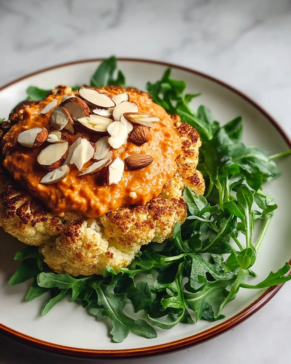 The dish shows a thick slice of cauliflower at the bottom with a pale yellow texture, lightly roasted around the edges, topped by a layer of vibrant orange sauce that is slightly charred and textured, giving a grilled appearance. On top of the sauce, there is a generous sprinkle of toasted almond slices that are brown and crunchy-looking. Scattered small green herb leaves add a fresh touch over the almonds and around the plate. The dish is placed on a white plate with a subtle white marbled texture visible in the background. Photo taken with an iphone --ar 4:5 --v 7