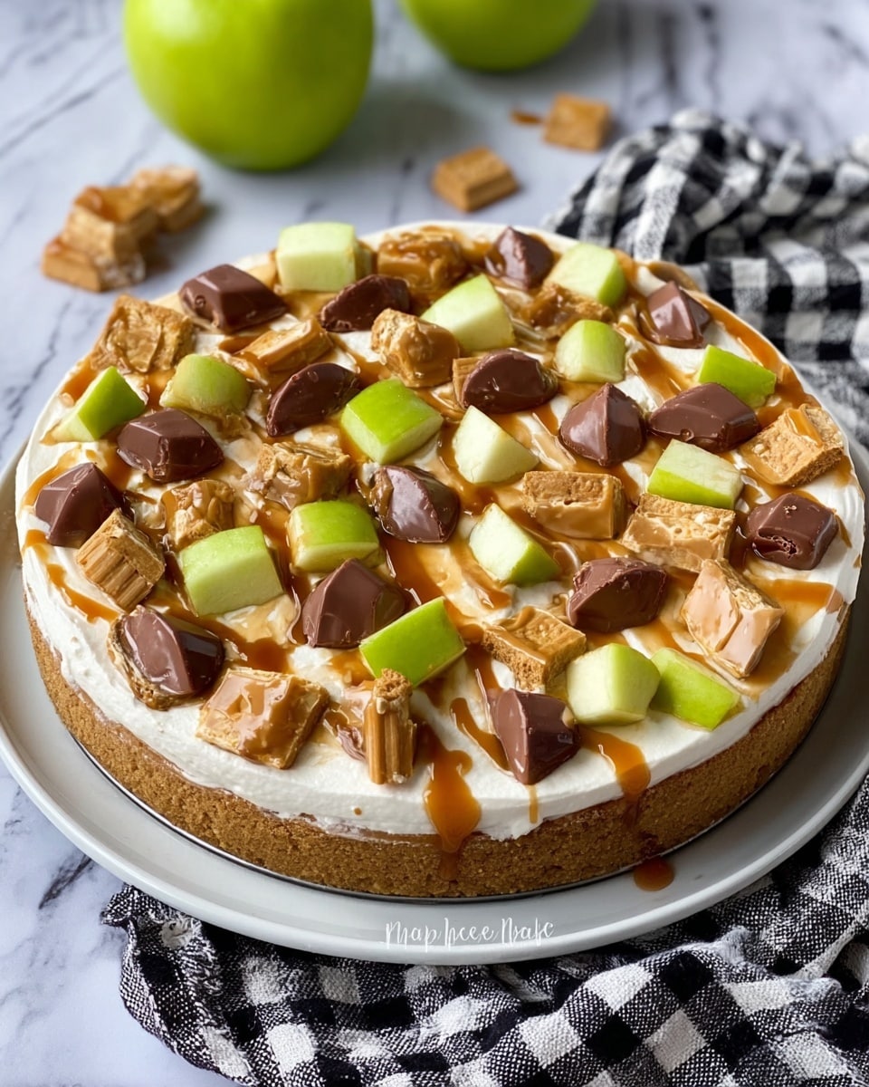 A round dessert with a thick golden brown cookie crust forming the base, topped with a smooth, thick layer of white cream spread evenly. On top, there are small cubes of green apple scattered alongside halved pieces of chocolate-covered caramel candy showing the caramel and biscuit inside. A shiny caramel sauce is drizzled over the entire top, blending the colors and textures. The dessert is placed on a white plate on a white marbled surface with a black and white checkered cloth nearby, and a whole green apple slightly blurred in the background. Photo taken with an iphone --ar 4:5 --v 7