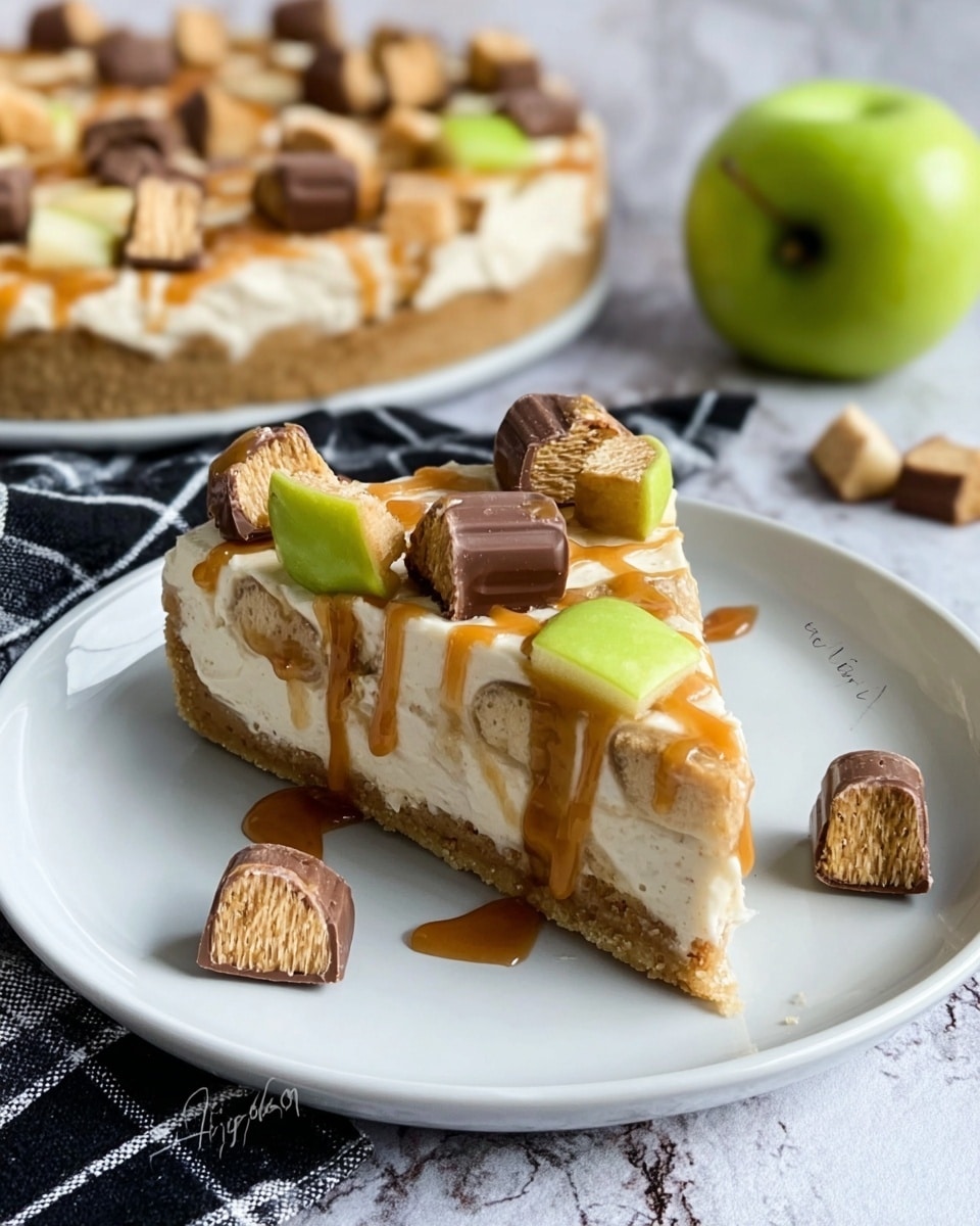 A slice of dessert sits on a white plate with a white marbled texture surface underneath. The dessert has three layers: a golden brown cookie crust at the bottom, a creamy off-white layer in the middle, and a light caramel sauce drizzled on top. The top is decorated with small chunks of green apple and halved chocolate-covered wafer candies that show caramel and wafer inside. In the background, the whole dessert is visible with the same topping, and a green apple is placed beside it. A black and white checkered cloth is partly visible under the plate. photo taken with an iphone --ar 4:5 --v 7