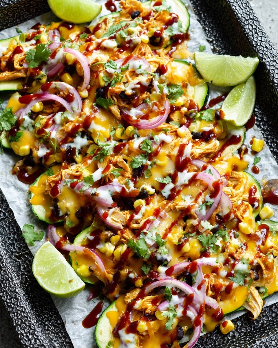 The dish shows a colorful layered arrangement starting with a base of green zucchini slices layered at the bottom, topped with shredded orange chicken and scattered black beans and yellow corn kernels. Melted bright yellow cheddar cheese covers the top layer unevenly, with drizzles of dark red barbecue sauce and creamy white sauce spread across. Thin pink rings of pickled onions, small bits of purple onion, and fresh green cilantro leaves are scattered on the top along with lime wedges placed around the dish. The food is presented on a white marbled surface with parchment paper underneath, all on a textured black tray. photo taken with an iphone --ar 4:5 --v 7