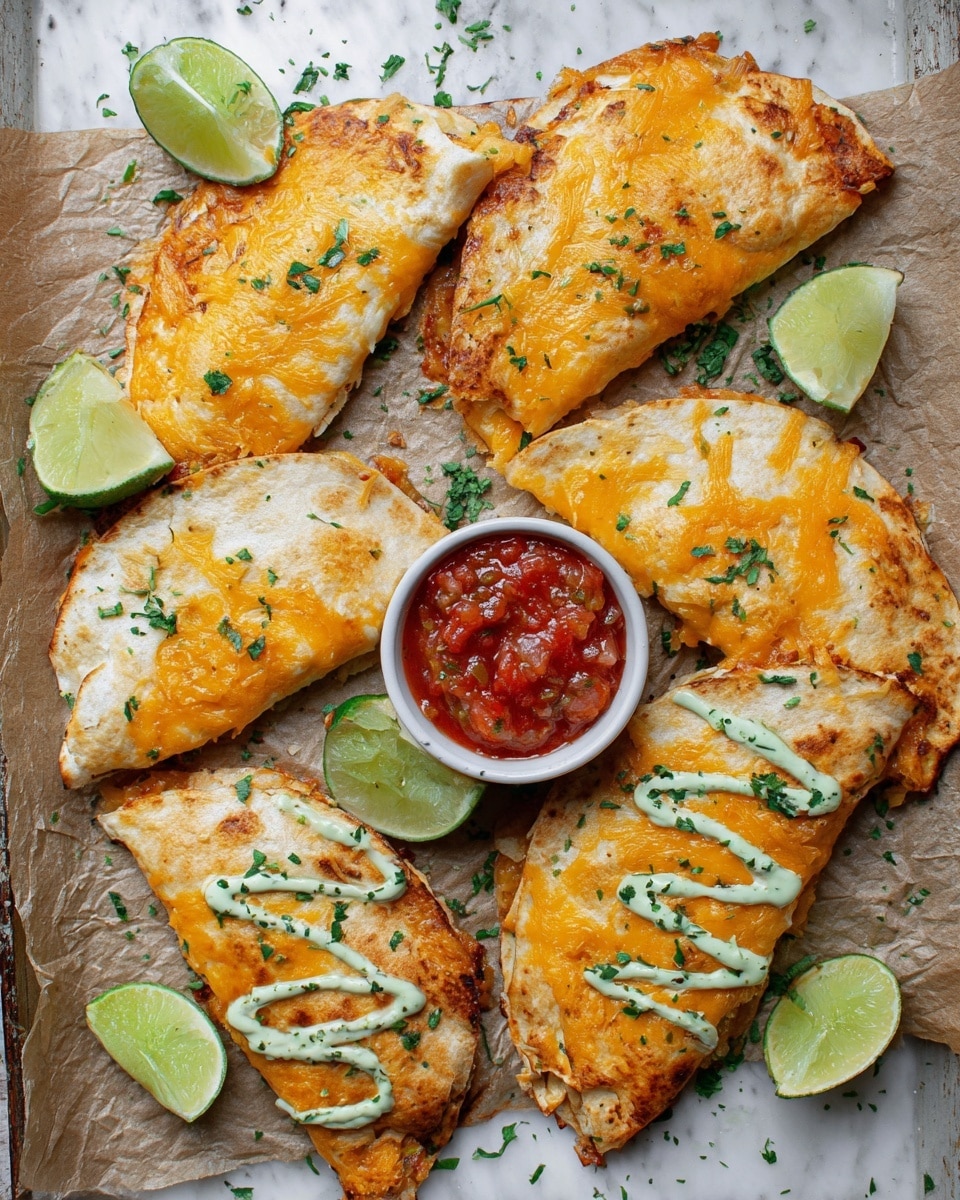 The image shows six folded baked tortillas topped with melted golden-yellow cheddar cheese, arranged on a white marbled surface lined with brown parchment paper. Each folded tortilla has a slightly crispy, golden-brown edge with light orange melted cheese on top and some small green herb sprinkles on the surface. Lime wedges are scattered around the tortillas, adding bright green and light yellow color. In the middle, a small, round white bowl holds a chunky red tomato salsa. Two of the tortillas have zigzag lines of light green creamy sauce on top. Additional chopped green herbs are spread across the whole arrangement. Photo taken with an iphone --ar 4:5 --v 7