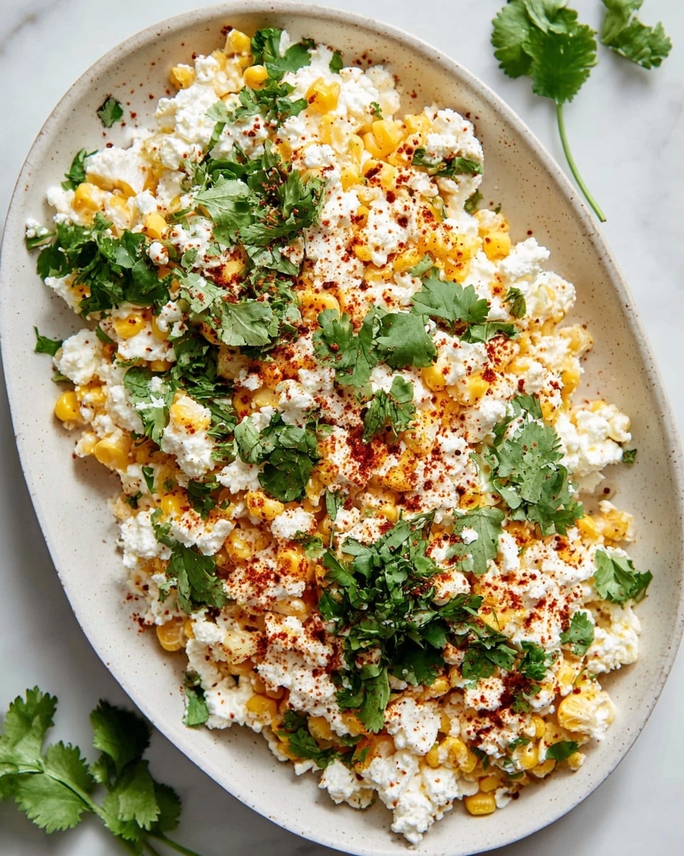 A white speckled oval plate filled with a mixture of three main layers: the base layer is small yellow corn kernels scattered around, the middle layer is white, crumbly cottage cheese spread evenly across the corn, and the top layer includes fresh green cilantro leaves and a light dusting of red chili powder sprinkled all over, creating a colorful contrast; the plate sits on a white marbled surface with some scattered cilantro leaves around it photo taken with an iphone --ar 4:5 --v 7
