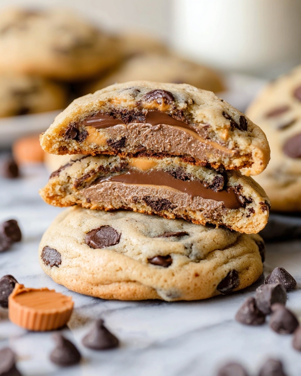 A soft, thick cookie with a light golden-brown color and scattered dark chocolate chips throughout forms the base. On top, there is a split cookie showing its inside layers: a dense, creamy peanut butter center surrounded by a thin layer of melted chocolate, all encased in the same golden cookie dough with chocolate chips. The cookies rest on a white marbled surface with extra chocolate chips and a small brown object nearby, visible in the background. The image is bright and detailed, focusing close-up on the texture and layers of the cookie. photo taken with an iphone --ar 4:5 --v 7