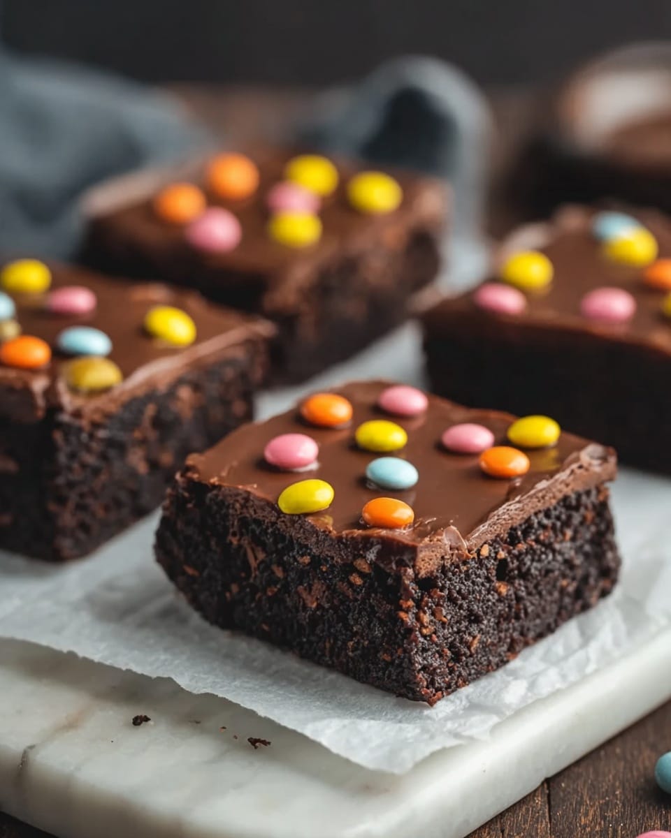 Four square-shaped chocolate brownies are placed on white parchment paper on a white marbled surface. Each brownie has one thick base layer of dark, dense chocolate cake with a slightly crumbly texture, and a smooth glossy layer of chocolate frosting on top. Colorful small round candy pieces in yellow, orange, pink, and blue are scattered on the frosting of each brownie. The background is slightly blurred with dark brown and neutral tones. photo taken with an iphone --ar 4:5 --v 7